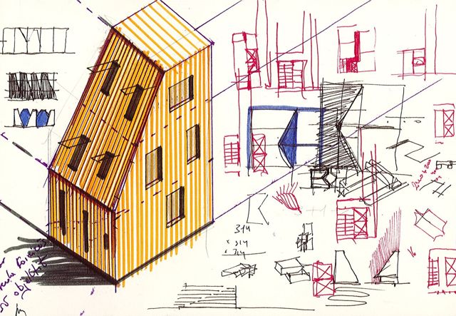Wohnblöcke, November 2023: ein gestreiftes Haus, das sich über seinen Schatten neigt