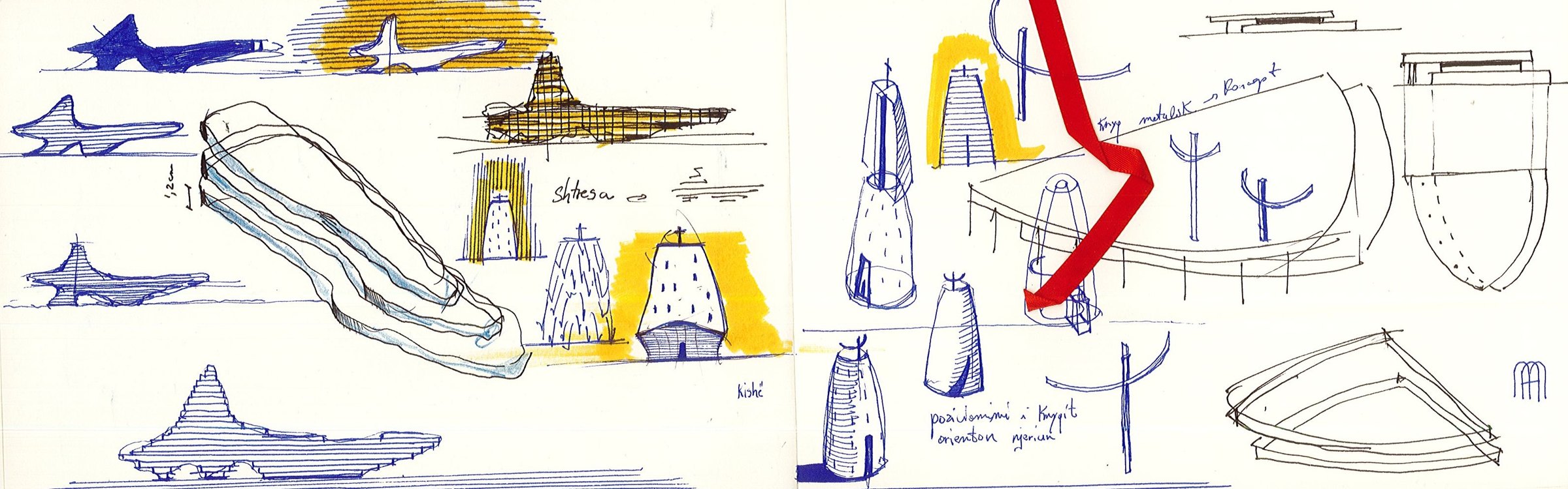 Amantia, summer 2024: spreading roofs, towers and a church in blue ink and yellow marker