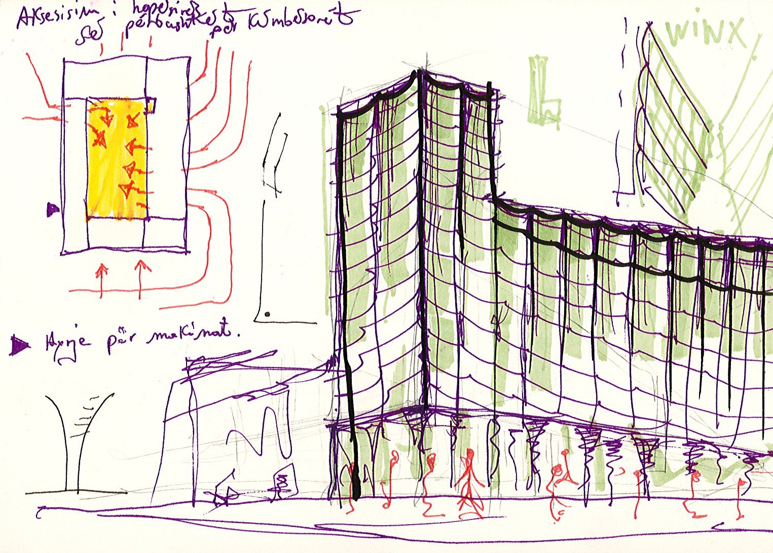 housing blocks, November 2023: access and a glass tower over the street