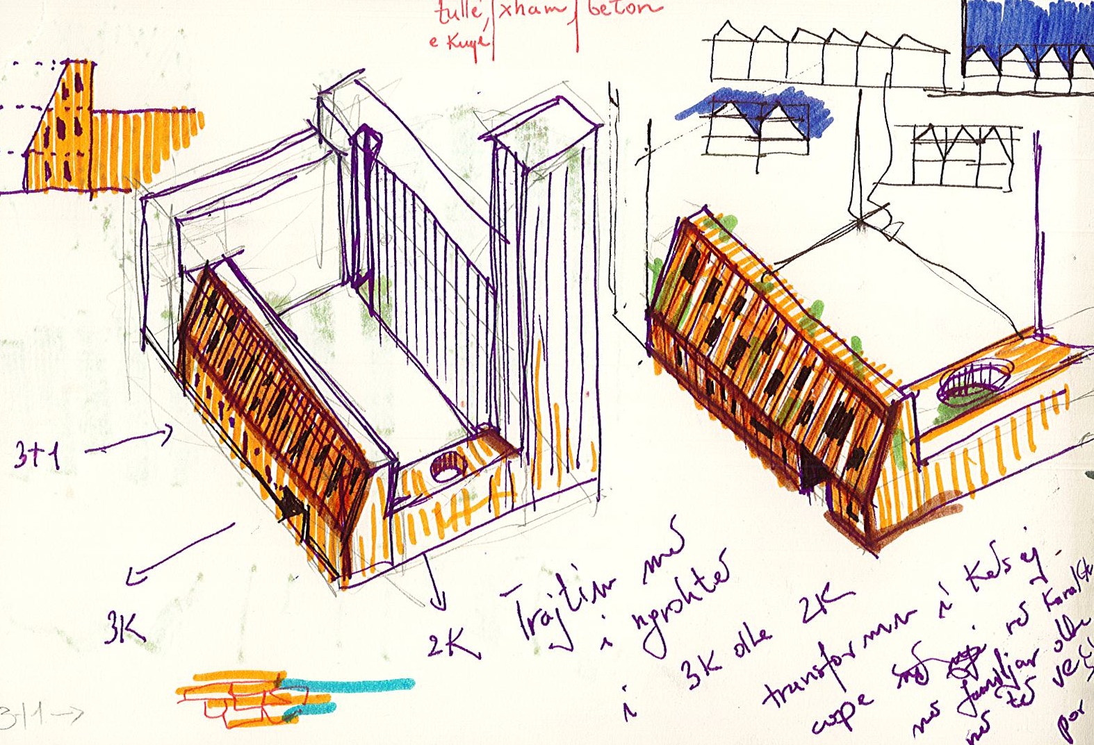 housing blocks, November 2023: timber-striped blocks around a courtyard, 3K and 2K