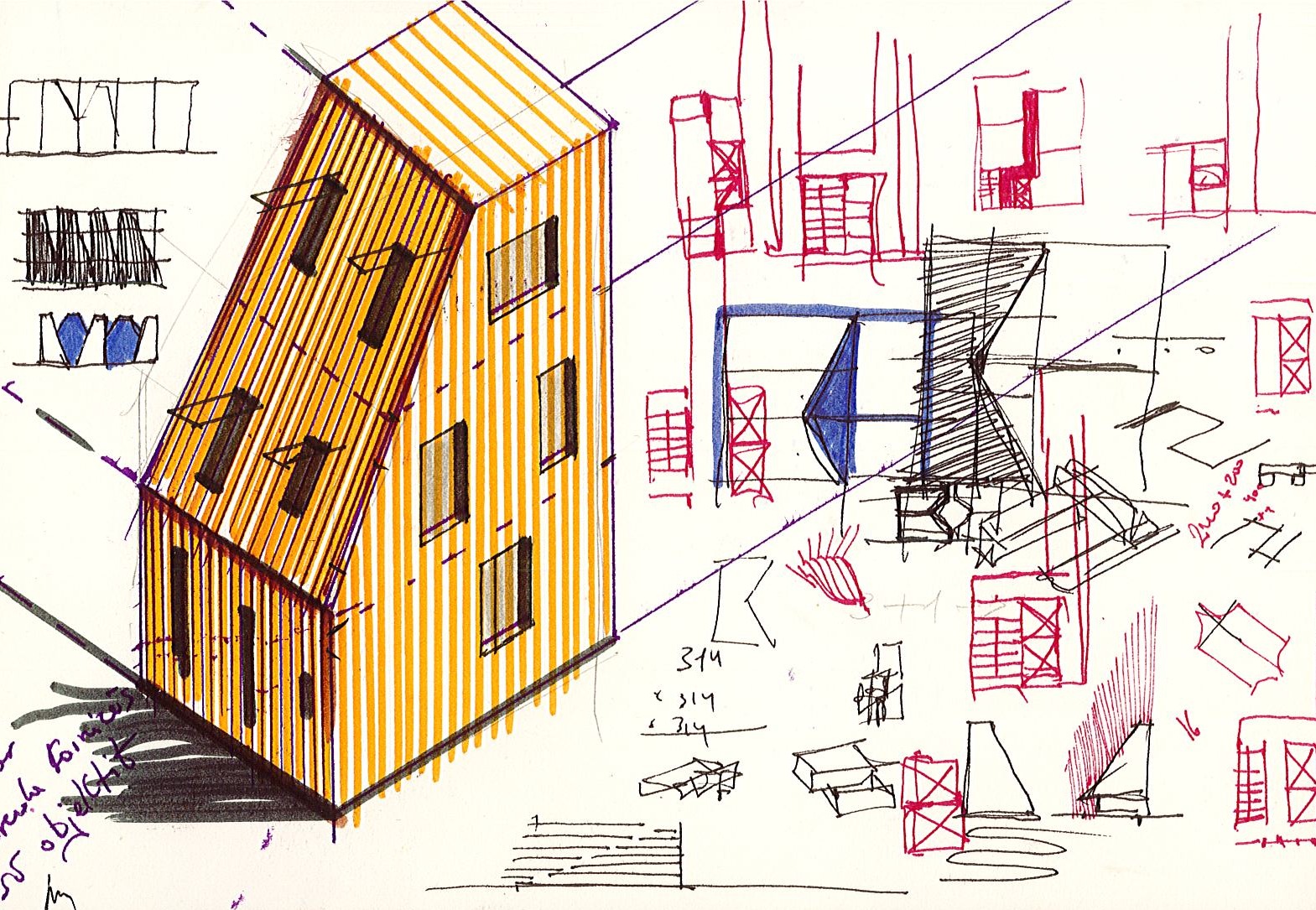 housing blocks, November 2023: a striped house leaning over its shadow